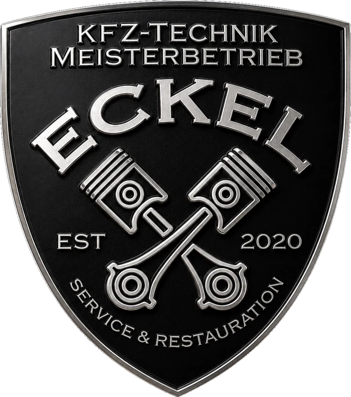 Wappen von KFZ Eckel: gekreuzte Pleuel, Service und Restauration, gegründet 2020